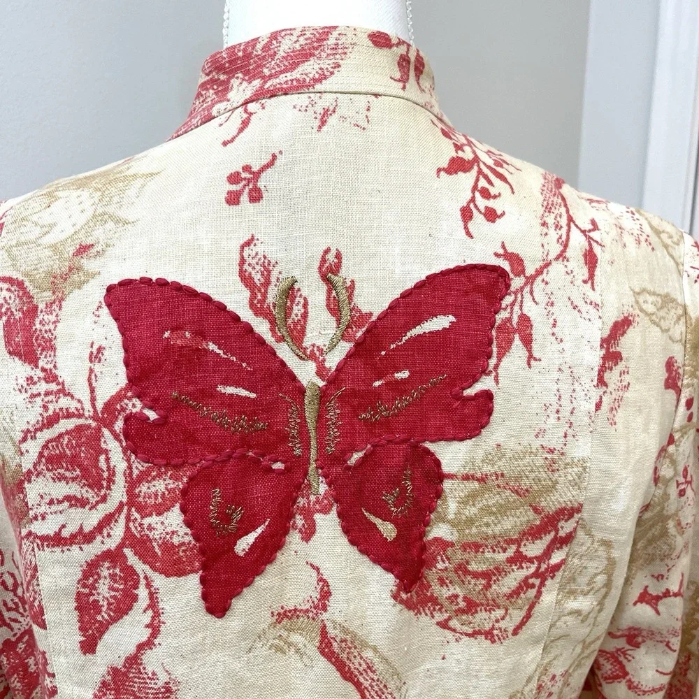 Sigrid Olsen Linen Coat Cream Coral Embroidery‎ Mandarin Collar Medium
